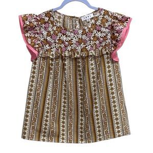 THML Brown Pink Daisy Boho Flutter Sleeve Cotton Top XS